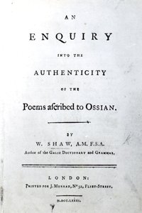 Tittelside for En undersøkelse om ektheten til diktene tilskrevet Ossian av William Shaw, utgitt 1781 (trykt papir) av English School