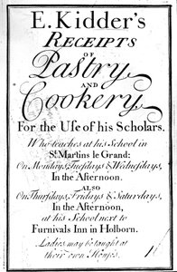 Tittelside for E. Kidders Receipts of Pastry and Cookery, av Edward Kidder, utgitt ca. 1730 av English School