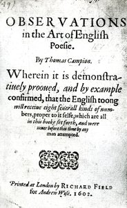 Tittelside for Observations in the Art of English Poesie av Thomas Campion, utgitt 1602 (trykt papir) av English School