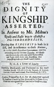 Tittelside for The Dignity of Kingship Asserted by G.S. a Lover of Loyalty, utgitt 1660 (trykt papir) av English School