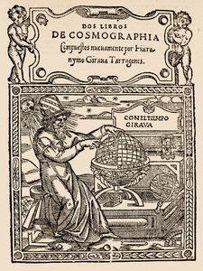 Tittelside for Two Books of Cosmography av Hieronymo Girana Tarragones, fra The Narrative and Critical History of America, redigert av Justin Winsor, London, 1886 (treblokktrykk) av English School