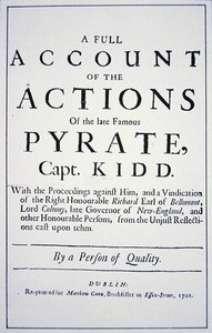 Tittelside for et liv til piratkaptein William Kidd, utgitt i London i 1701 (litho) av English School