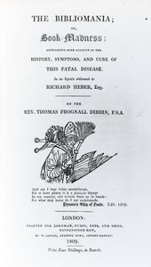 Tittelside til The Bibliomania av pastor Thomas Frognall Dibdin, utgitt 1809 (trykt papir) av English School