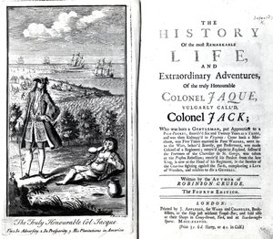 Tittelside og frontispice for historien om det mest bemerkelsesverdige livet og ekstraordinære eventyr til den virkelig ærede oberst Jaque av Daniel Defoe, 1738 av English School