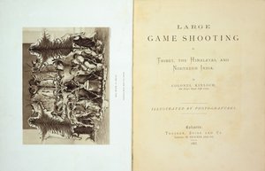 Tittelside og forside av storviltskyting i Tibet, Himalaya og Nord-India av oberst Alexander Kinloch, utgitt 1885 av English School