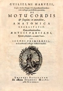 Tittelsiden fra «De Motu Cordis set Sanguinis in Animalibus» (Hjertets og blodets bevegelse i levende vesener) av William Harvey (1578–1657) utgitt i 1628. av English School