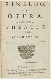 Tittelside fra librettoen til Händels opera "Rinaldo", av Giacomo Rossi, 1717 av English School