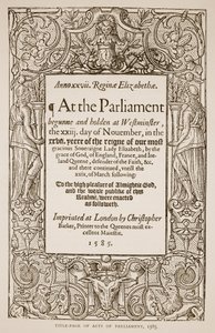 Tittelside til Acts of Parliament, trykt av Christopher Barker (1528-99), 1585 (sepiafoto) av English School