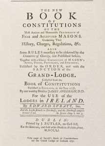 Tittelside til Spratts Book of Constitutions for Grand Lodge in Ireland, 1751 av English School