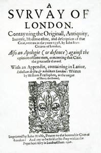 Tittelside til A Survey of London av John Stow, utgitt i 1598 (trykt papir)
