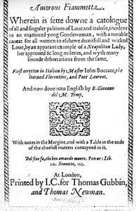 Tittelside til Amorous Fiammetta av Giovanni Boccaccio, engelsk oversettelse utgitt i 1587