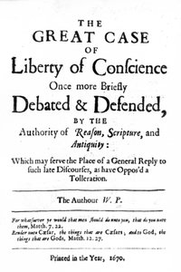 Tittelside til The Great Case of Liberty of Conscience av William Penn, utgitt i 1670 av English School