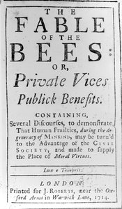 Tittelside for The Fable of the Bees av Bernard de Mandeville, 1714 av English School