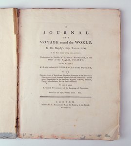 Tittelside til A Journal of a Voyage Around the World in His Majestys Ship Endeavour i årene 1768, 1779, 1770 og 1771, utgitt i London, 1771 (trykk) av English School