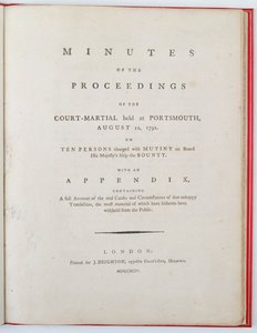 Tittelside til protokollen fra forhandlingene ved krigsretten holdt i Portsmouth, 12. august 1792, publisert i London, 1794 (trykk) av English School