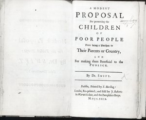 Tittelside til A Modest Proposal av Jonathan Swift, utgitt i 1729 (trykk) av English School