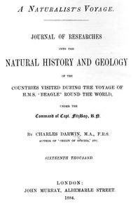 Tittelside til A Naturalists Voyage Around the World av Charles Darwin, utgave utgitt i 1884 (trykt papir) av English School