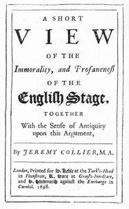 Tittelside til A Short View of the Immorality and Propaneness of the English Stage av Jeremy Collier, 1698 (trykt papir) av English School