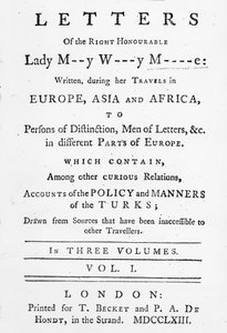 Tittelside til Letters of the Right Honorable Lady Mary Wortley Montagu, skrevet under hennes reiser i Europa, Asia og Afrika, utgitt i 1763 (trykt papir) av English School