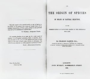 Tittelside til On the Origin of Species av Charles Darwin, utgitt i 1859 av English School