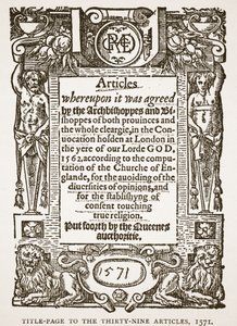 Tittelside til de trettini artiklene, 1571, illustrasjon fra The Church of England: A History for the People av H.D.M. Spence-Jones, pub. ca. 1910 (sepia-bilde) av English School