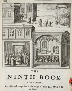 Tittelside til den niende boken, illustrasjon fra Acts and Monuments av John Foxe, niende utgave, pub. 1684 av English School