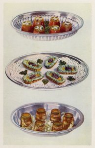 Tomatkremer; Ansjos gondoler; Reker i aspic (farge litho) av English School