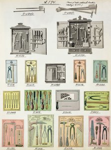 Verktøy og verktøykasser fra en handelskatalog over husholdningsvarer og tilbehør, ca. 1890-1910 av English School