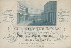Trade card-reklame Christopher Lucas, engros- og detaljist buntmaker og lagermann, 59, Quadrant, Regent Street, Piccadilly, London (gravering) av English School