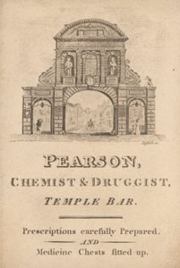 Byttekort for Pearson, apotek og apotek, Temple Bar, London (gravering) av English School