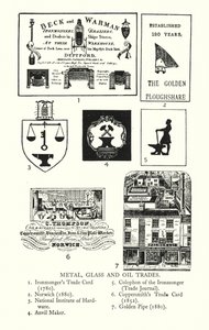 Handelsskilt: Metall-, glass- og oljehandel (litho) av English School
