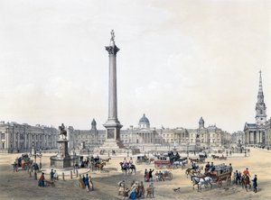 Trafalgar Square med National Gallery og St Martins Church av English School