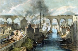 Tog som krysser Stockport Viaduct på London amp; North Western Railway, ca. 1845 (fargelitografi) av English School