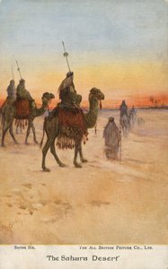 Reisende i Sahara-ørkenen (farge litho) av English School