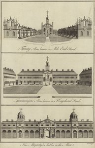 Trinity Almshouses i Mile End Road, Ironmongers Almshouses i Kingsland Road og His Majestys Stables in the Mews, London av English School