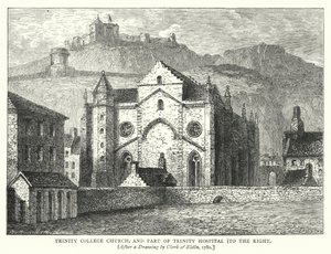 Trinity College Church, og en del av Trinity Hospital, til høyre (gravering) av English School