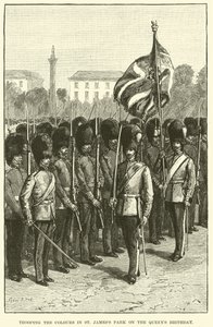 Trooping the Colors i St. James's Park på dronningens bursdag (gravering) av English School