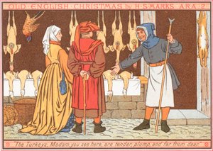 Kalkuner hengende i slaktervinduet, julekort av English School