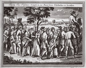 Tjueto fanger brakte inn ett band fra Colchester til London, illustrasjon fra Foxes Martyrs ca. 1703 av English School