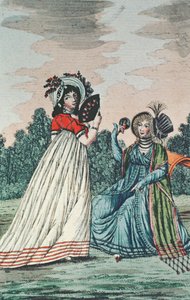 To fasjonable damer i en hage, ca. 1800 (fargegravering) av English School