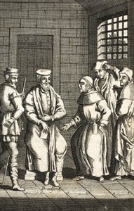 To spanske munke snakker med Mr Bradford, illustrasjon fra Foxes Martyrs c.1703 99:Foxes Book of martyrs; John Fox; c17.; Rever; av English School