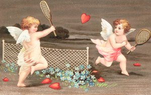 To kjeruber som spiller tennis med hjerte for ball av English School