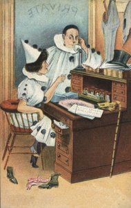 To klovner på et kontor (farge litho) av English School
