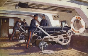 To av Trafalgar-våpenene i HMS Victory (farge litho) av English School