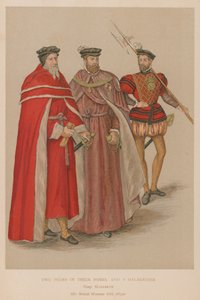 To jevnaldrende i kappene sine og en Halberdier i Elizabethan-tiden av English School