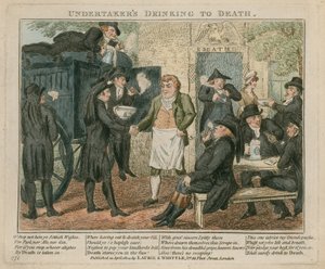 Begravelsesarbeidere fornøyer seg ved Deaths Door, Battersea Rise, Surrey av English School
