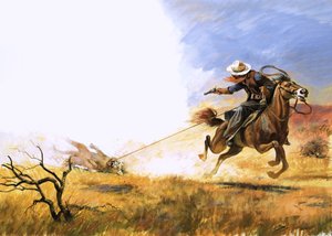 Uidentifisert cowboy skyter mot en fjellløve med lasso av English School