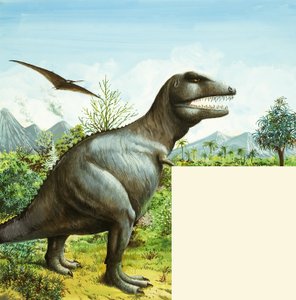 Uidentifisert dinosaurscene med T Rex og Pterodactyl av English School