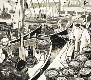 Uidentifisert fiskehavn med fisk fra kai av English School