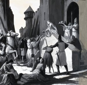 Unidentifizierte Königin verteilt Essen an die Armen von English School